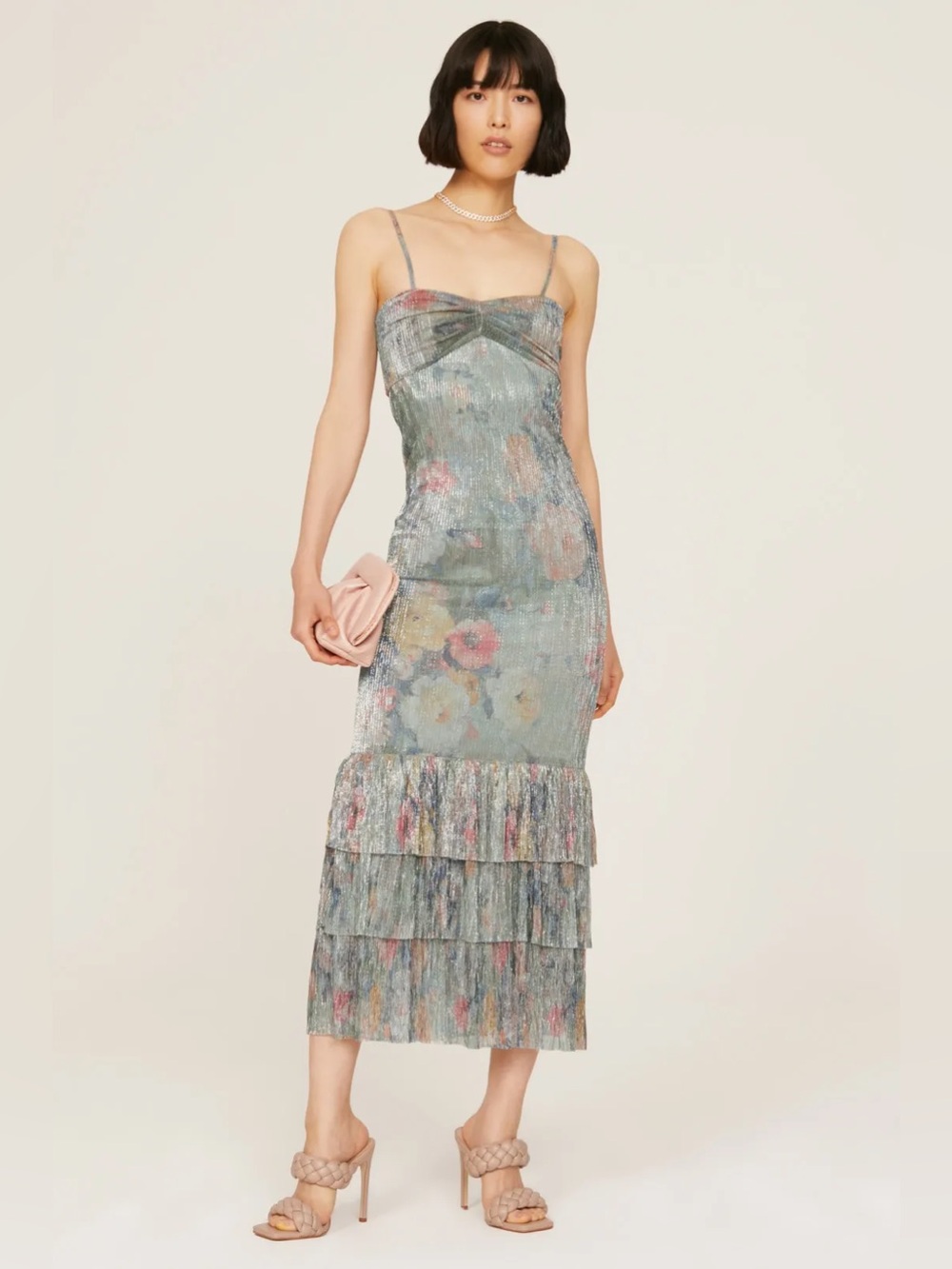 Dusty Blue Floral Tiered Slip Midi Dress